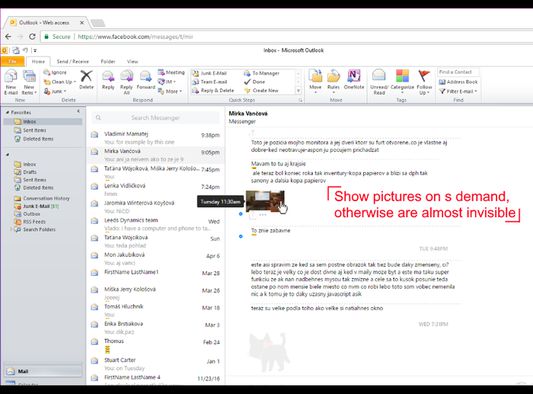 Facebook context within Outlook visuals, all elements in conversation are transformed to be less noticable