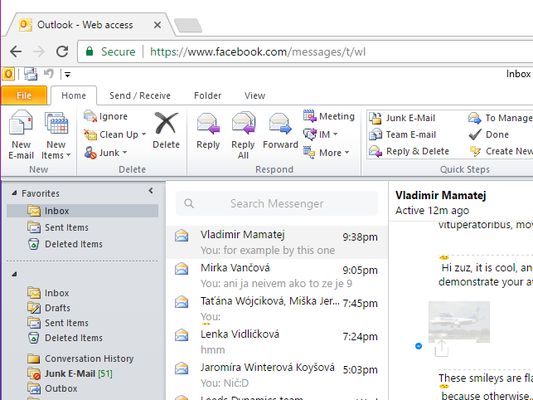 Facebook context within Outlook visuals - detail on tabs