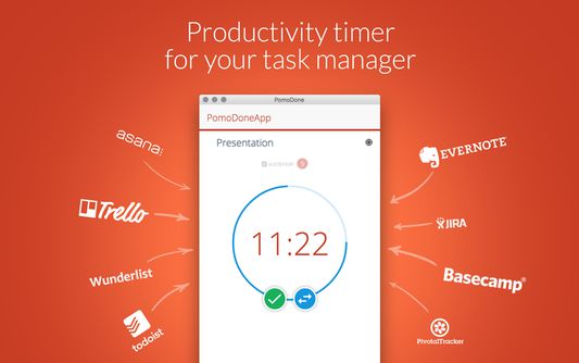 PomoDone App - productivity timer for your own task manager.

Easy setup
Don’t create any tasks! Just connect your favourite task management service and start using PomoDone just in 3 minutes.