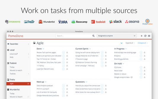 PomoDone app works to many popular Task/Note/Event Management systems: Trello, Evernote, Google Calendar, Wunderlist, Todoist, Microsoft To-Do, Microsoft Outlook Tasks, Slack, Zapier etc