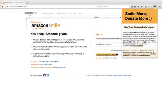 Smile More Donate More :) extension expanded on browser toolbar.