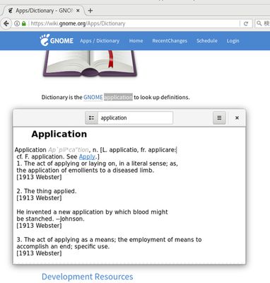 It seems that dictionary of dict.org is looked up by Linux's GNOME Dictionary. (Not very nice because new window opens every time.)