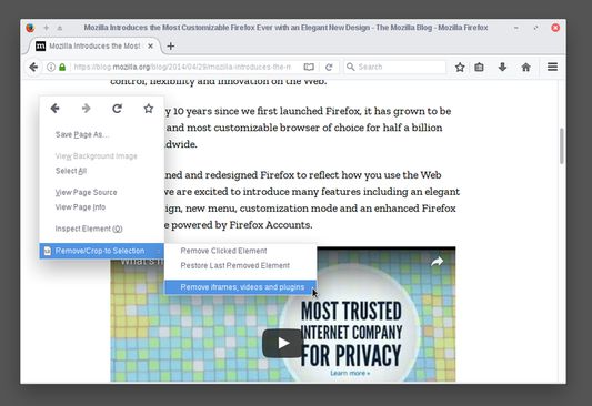To remove ads, videos or other third-party content from the web page, right click anywhere and select "Remove iframes, videos & plugins".