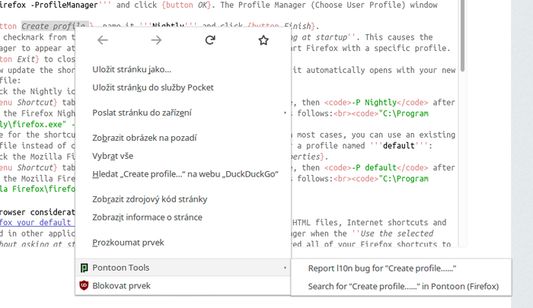 Selected text context menu on SUMO to search in the Firefox project
