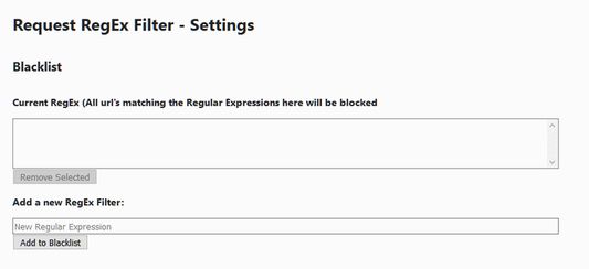 The options page for adding/removing regular expressions that will be used to blacklist web requests