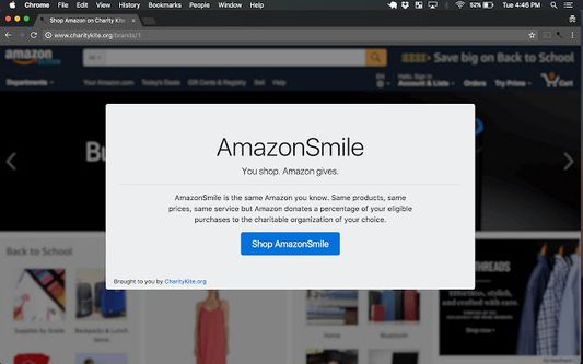 When you navigate to www.amazon.com, the Charity Kite chrome extension will direct you to a splash page that reminds you to shop smile.amazon.com. Simply click the "Shop AmazonSmile" button to continue shopping.