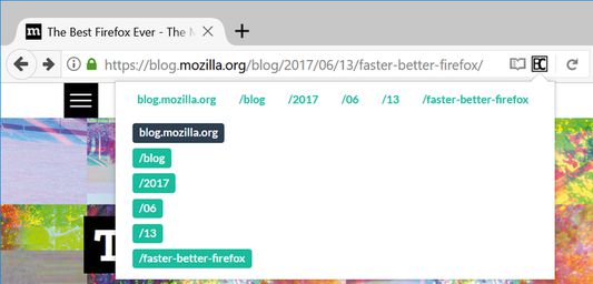 Horizontal & vertical breadcrumbs, opened from the page action.

The current active tab address, https://blog.mozilla.org/blog/2017/06/13/faster-better-firefox, is broken into individual pieces. E.g. clicking the piece "blog" would navigate the tab to https://blog.mozilla.org/blog/.