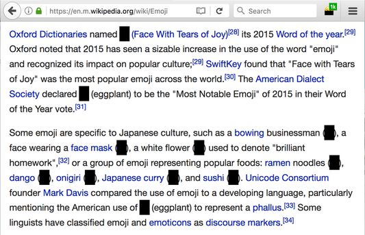 Emoji redacted on the Wikipedia page for emoji.