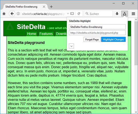 SiteDelta Highlight is enabled for this page