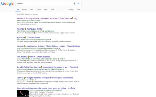 Screenshot of Google results for "Taxinda" with add-on enabled.