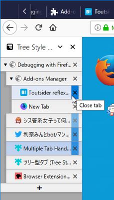 Closeboxes are also available to close tabs at a time, in "Tree Style Tabs" sidebar panel