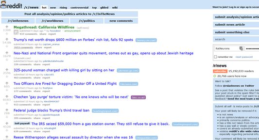Example of Reddit integration. The "domain" parts of each post are color coded for the bias.