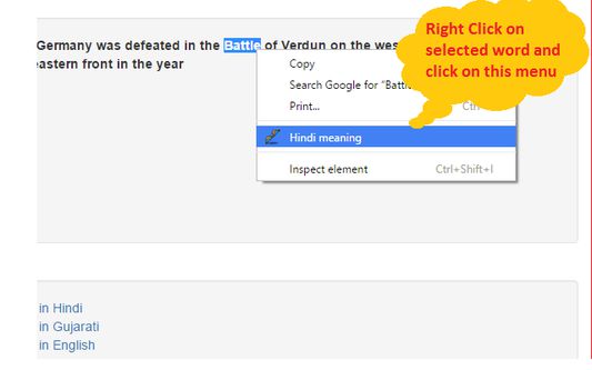 Select any word -> right click on it -> Select "Hindi Meaning"
