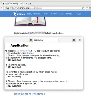 用 Linux 的 GNOME Dictionary 查阅 dict.org 的字典。（不是很好，因为每次打开新窗口。）