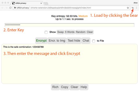 To encrypt, just type in the shared Key and the message. You can have rich formatting and include images and/or files.