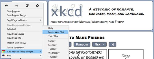 Open context menu on xkcd.com, showing the interface for adding pages to Today's Pages.