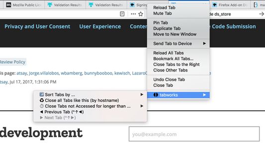 The Tabworks menu when right clicking on a tab.