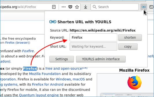 Select some text in the current tab to use it as a suggested keyword. You can still change it before pressing 'shorten' to submit it to the YOURLS instance.
