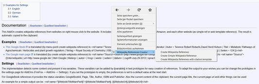 Context menu for create of a wikipedia reference on a webpage.