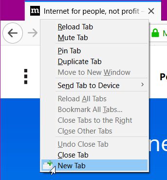 "New Tab" in tab context menu.