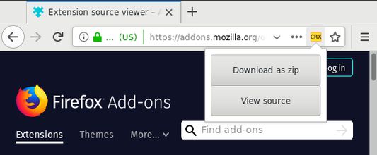 Extension button and the "Download as Zip" and "View source" options at an add-on page.