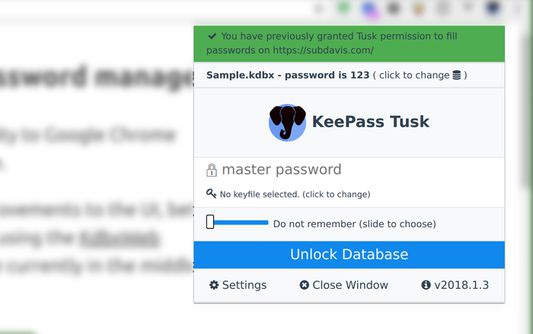 The unlock page for Tusk.  You can select your database, a keyfile, and specify a period to remember your password.