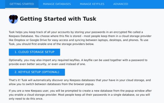 The settings homepage has information about how to get started using Tusk