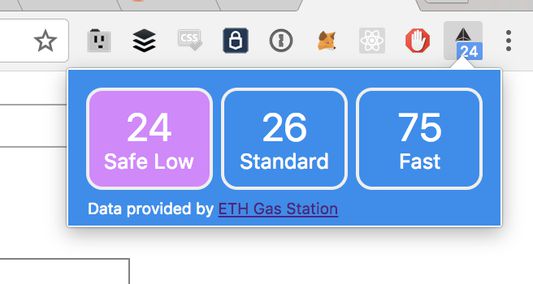 Shows the current Ethereum gas price option in the extension and an option menu when clicked.