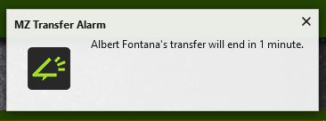 Notification plays alarm 1 minute before transfer deadline.