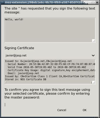 Text Signing Request dialog, WebExtension, Linux
