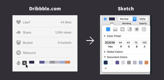 Generate a .sketchpalette file from any dribbble shot's color palette. Then you can batch load the palette file in Sketch with the Sketch-Palette plugin.