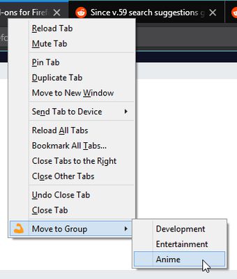 Moving a tab to a group via the tab context menu.