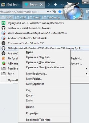 Inserts bookmark of current tab just below selected menu item. Note the "Bookmark Tab Here" item that appears at the very bottom of the context menu.
