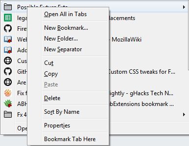 Inserts bookmark of current tab as the first item in the selected folder. Note "Bookmark Tab Here" item at the bottom of the bookmark folder's context menu.