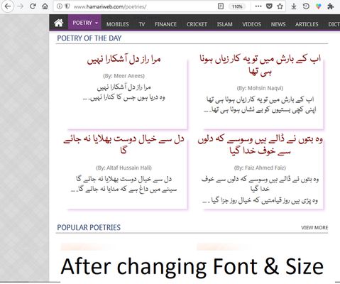 Changing Font & Size from the Provided Menu in the Menu Bar of the Browser,
The Urdu, Arabic, Farsi, Persian Text Changed its Font & Size