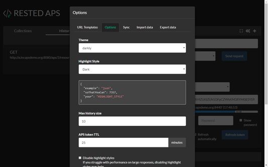 Options page with a dark theme