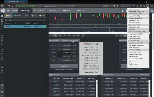 Divitopia being used on Cryptopia to select custom fiat currencies to display, with an active tooltip to display the converted crypto prices.