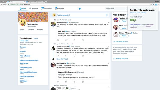 Screenshot of Twitter Demetricator removing metrics from Twitter