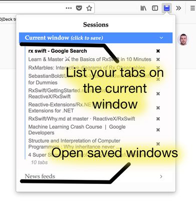 list opened tabs in the window and saved sessions.