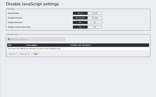 The settings page of Disable JavaScript.