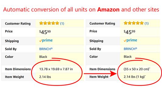Everything Metric (Auto Unit Converter) Measurements automatically converted on Amazon and other sites