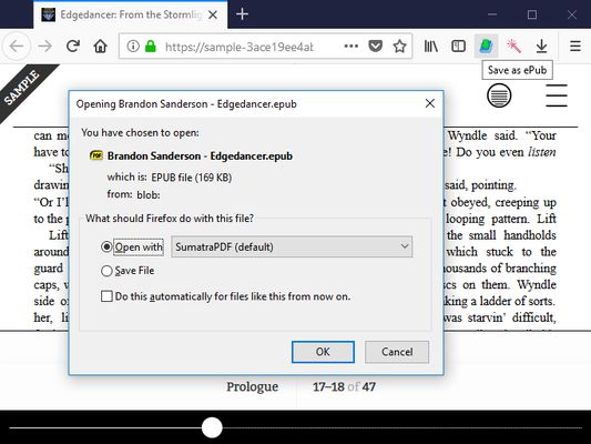 After extraction, you will be asked to save or open the ePub file. On Windows, SumatraPDF is a very lightweight ePub reader.