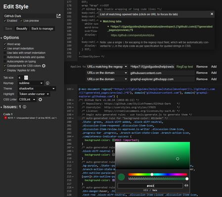 Editor - showing RegExp tester and colorpicker