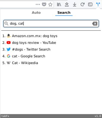 in search mode, comma indicates that one of two words needs to be found in a tab's title or url, in order to be considered