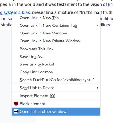 Other Window context menu for opening links in other windows.