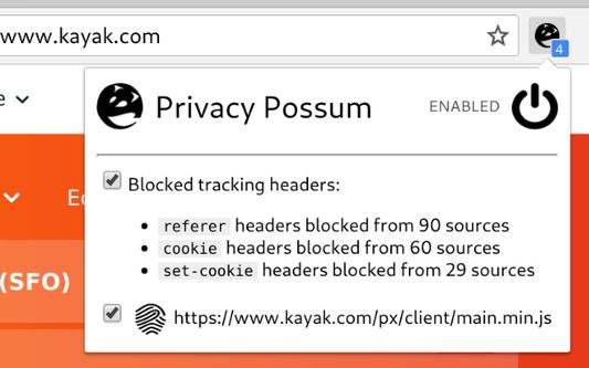 Privacy possum blocking fingerprinting, cookie tracking, and referer headers on kayak.com