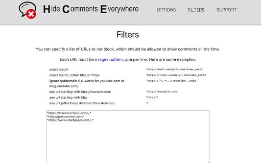 Filters page, where you can whitelist sites by specifying patterns.