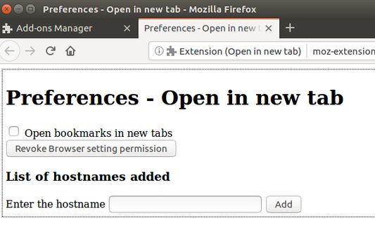 Preferences page containing adding multiple sites and option to always open bookmarks in new tabs