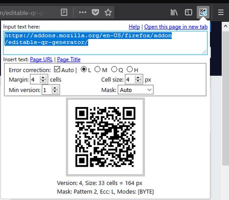 This addon adds a toolbar button  shows a popup window to generate QR code.