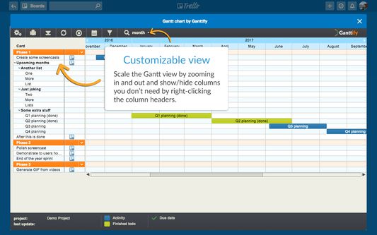 Scale the Gantt chart by zooming in and out and customize your view by hiding columns you don't need.